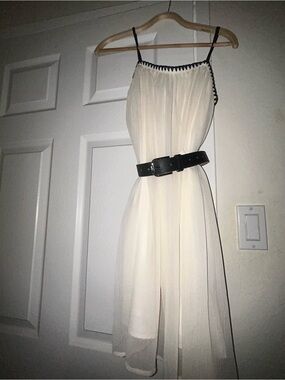 Cream White Mini Baby Doll Dress with Black Trim